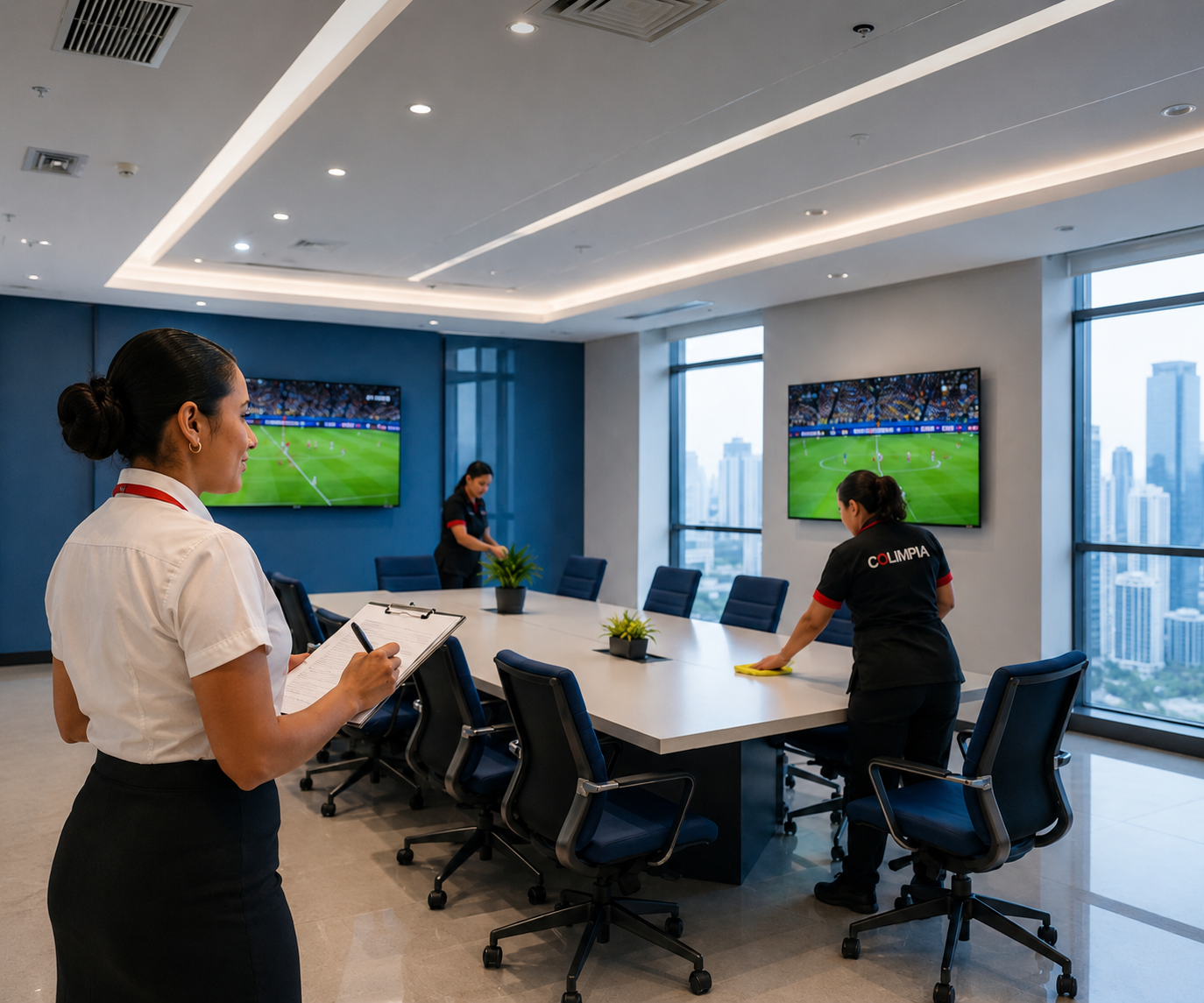 Equipo de limpieza profesional de Colimpia en una sala de juntas con partidos de fútbol en pantalla