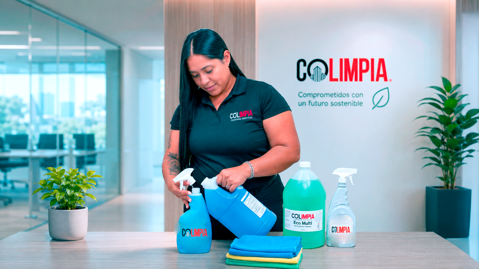 Colaboradora de Colimpia con productos de limpieza sostenibles Eco Multi en una oficina corporativa